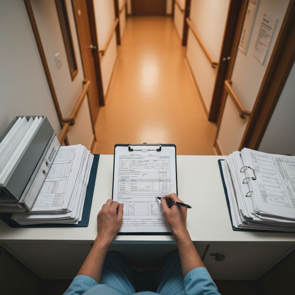 Caregiver filling out paperwork at a nurses station